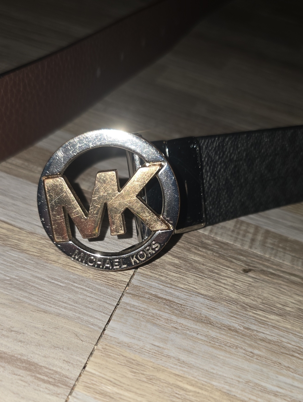 Michael Kors Black Belt with Gold MK Circle Buckle